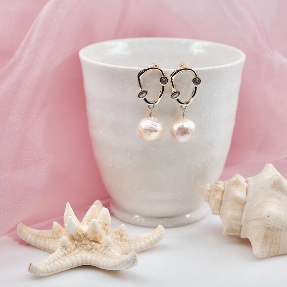 Baroque Ripple Pearl Earrings, 14K Gold Filled Abstract CZ Ear Wires - Picture 7 of 9